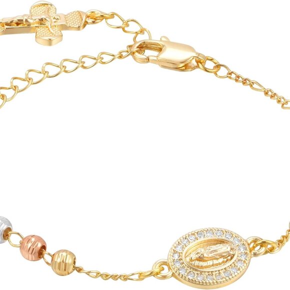 Women's Gold Virgin Mary Rosary Beads Cross Bracelet 14k Gold Plated - Picture 1 of 6